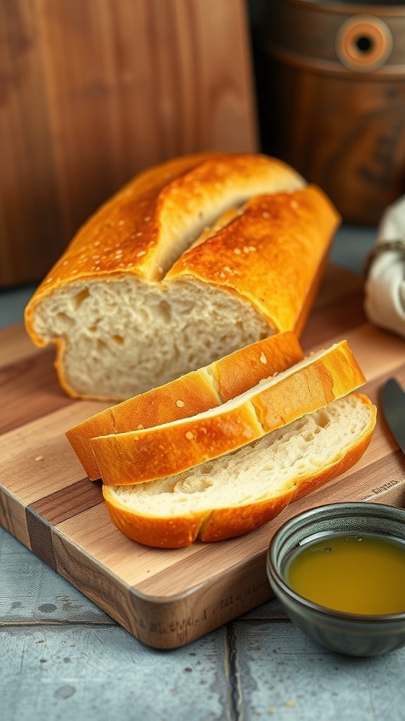 Zero Carb Yogurt Bread Recipe Sliced zero carb yogurt bread on a wooden cutting board with olive oil and herbs.